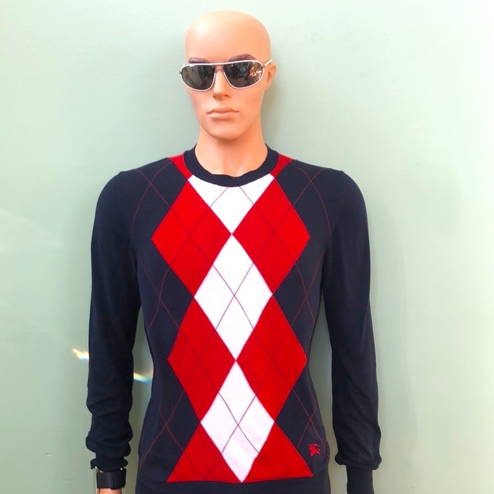Burberry London Navy Red White Argyle Sweater Mens Size S